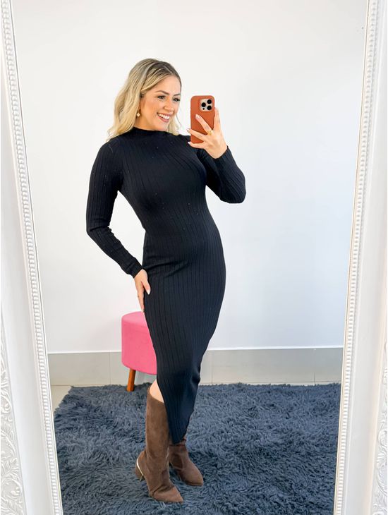 VESTIDO TRICO MANGA LONGA PRETO - Le Fancy store