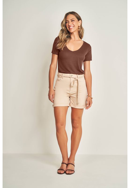 Blusa Basica Gola V Doce Trama 103956 Marrom Sépia - USE MV ESSENCE