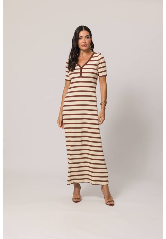 Vestido Listrado Longo Doce Trama 105523 Marrom - USE MV ESSENCE