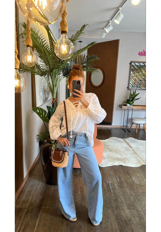 Calça Jeans Reta Alta Jade Marmorizada Azul Jeans - USE MV ESSENCE