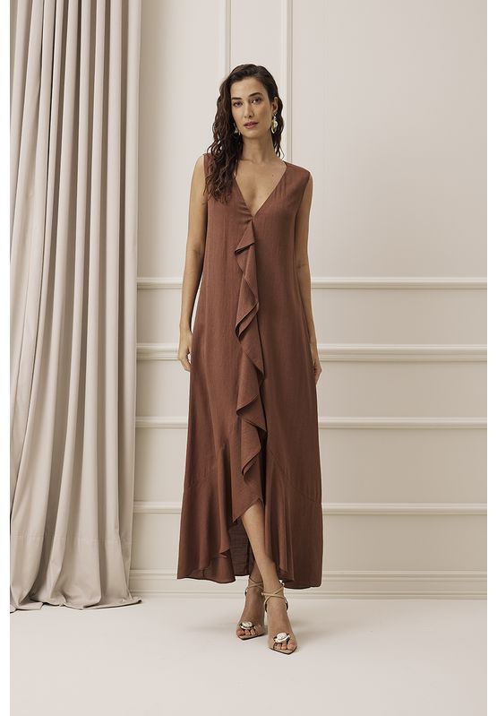 Vestido Longo Charry Com Babados 426195 Marrom - USE MV ESSENCE