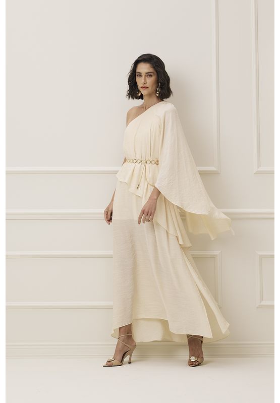 Vestido Longo Ombro Unico Com Camadas 426246 Bege ... - USE MV ESSENCE