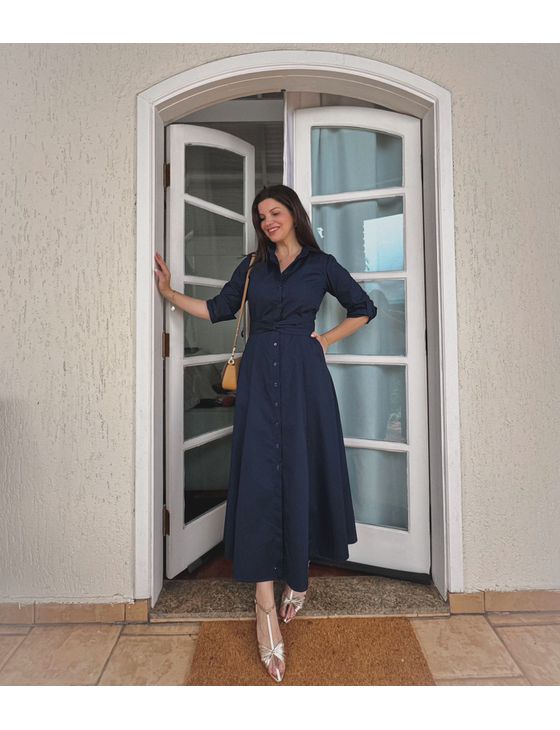 Vestido Chemise Marie Algodão Azul Marinho - Emilia Shop