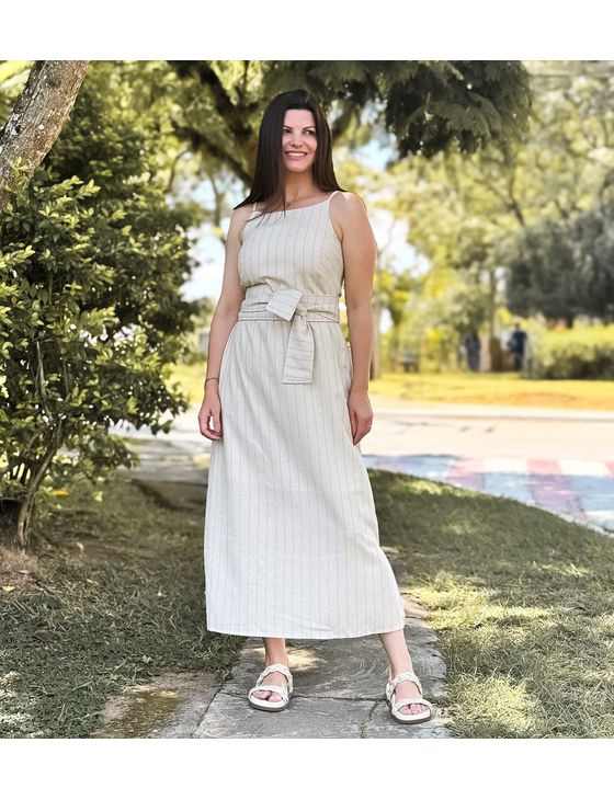 Vestido Liz Natural Listra Terracota - Emilia Shop