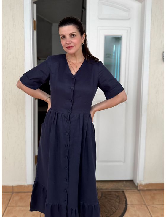 Vestido Bárbara Puro Linho Azul Marinho - Emilia Shop