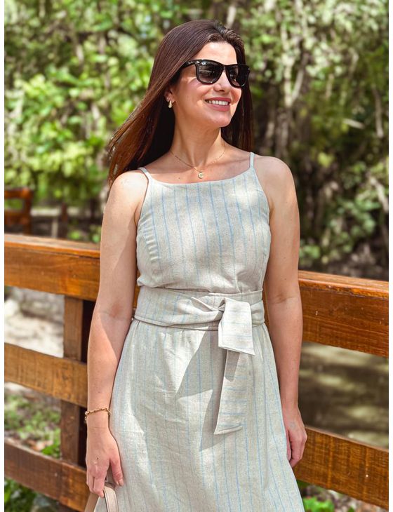 Vestido Liz Natural Listra Azul - Emilia Shop
