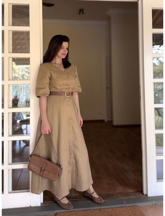 Vestido Maxi Midi Lorena Puro Linho Cappuccino