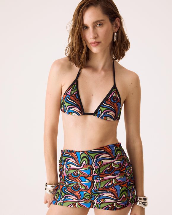 Saia biquini com drapeados laterais, hot pants embutida e estampa Pop vibrante August Swim