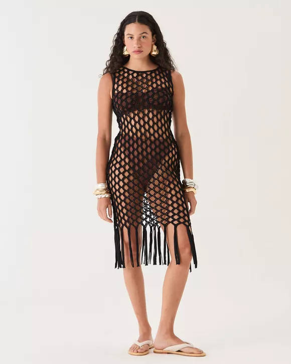 VESTIDO HANNA MIDI MACRAME PRETO - AUGUST