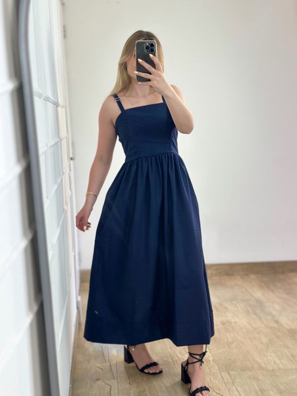 Vestido Midi Linho Azul Marinho