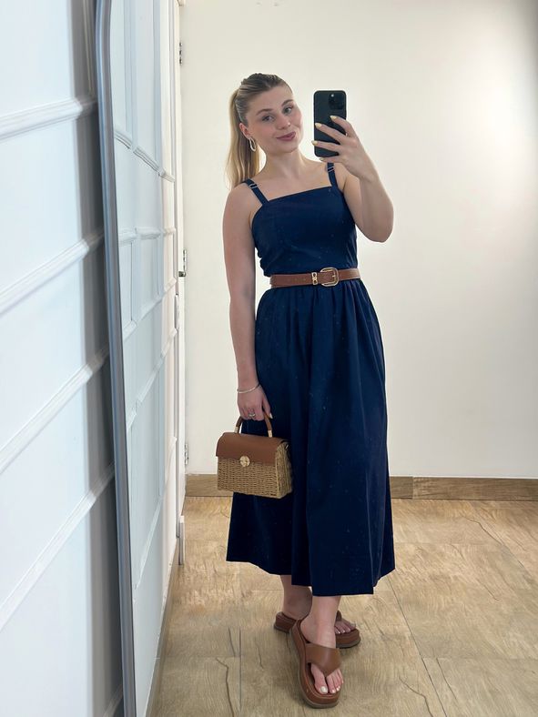 Vestido Midi Linho Azul Marinho