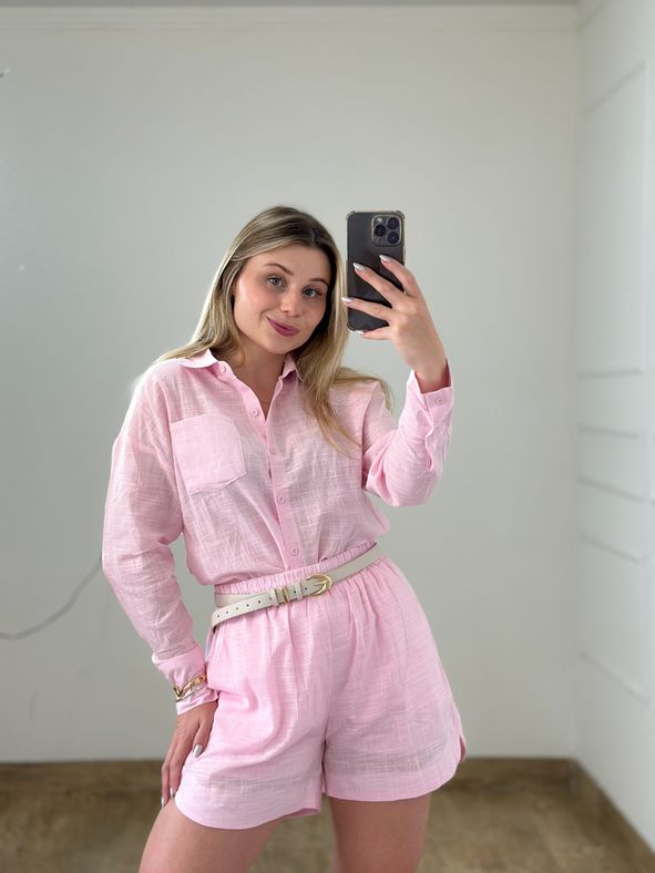 Conjunto Linho Camisa E Short Rosa