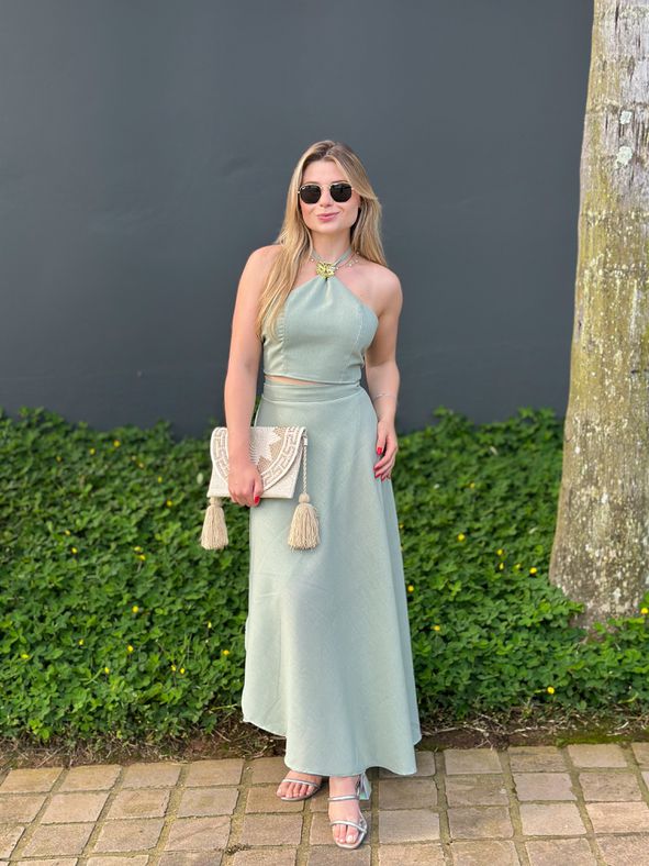 Conjunto Linho Saia Envelope e Blusa Verde