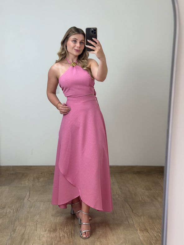 Conjunto Linho Saia Envelope e Blusa Rosa