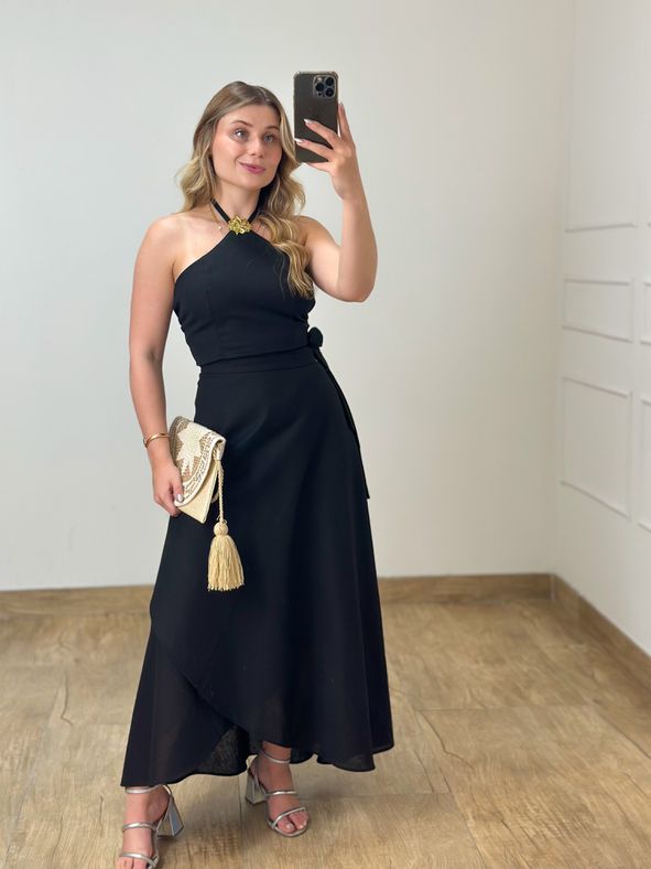 Conjunto Linho Saia Envelope e Blusa Preto