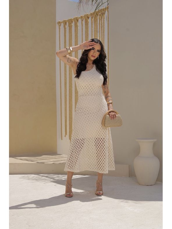 Vestido Macramê uma manga Cru