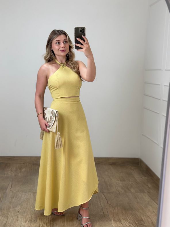 Conjunto Linho Saia Envelope e Blusa Amarelo Manteiga