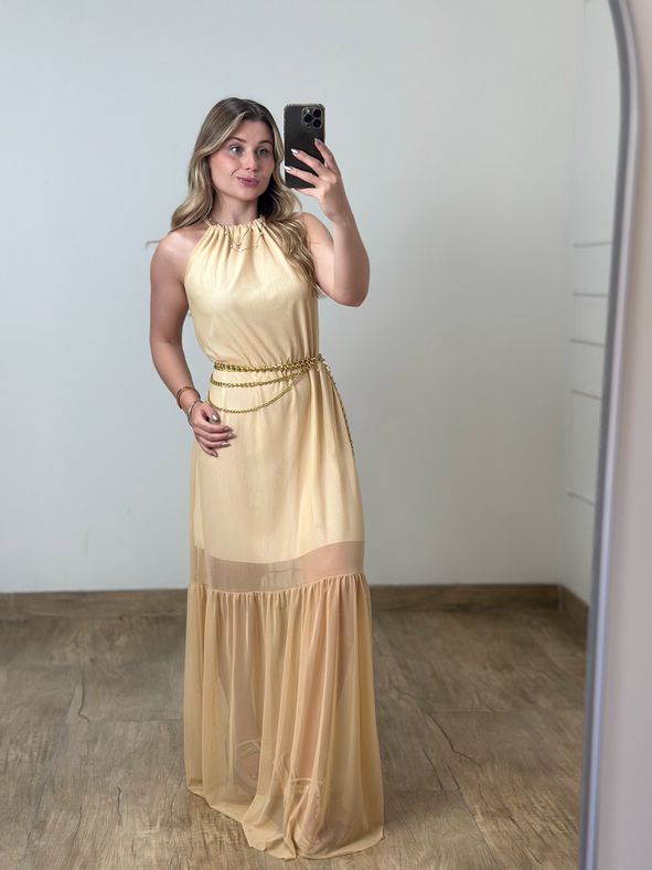 Vestido Longo Tule Amarelo Manteiga