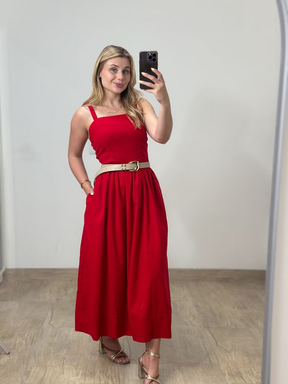 Vestido Midi Linho Vermelho