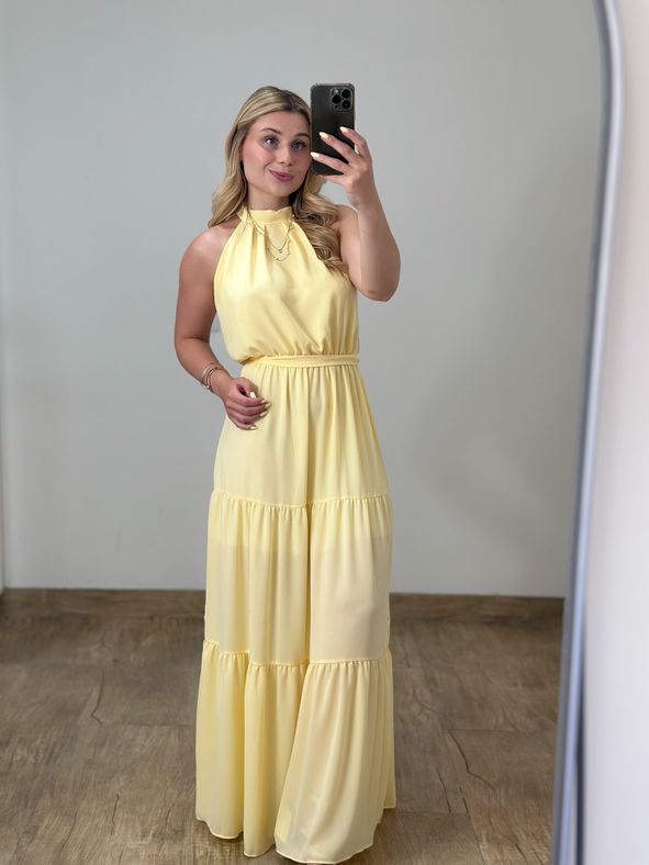Vestido Longo Crepe Amarelo Manteiga