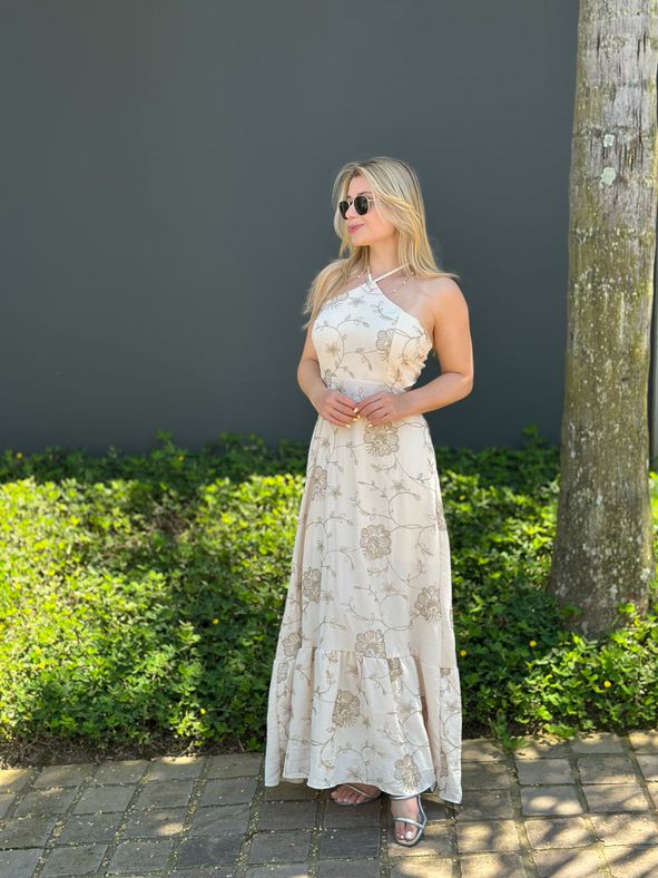 Vestido Longo Bordado Nude