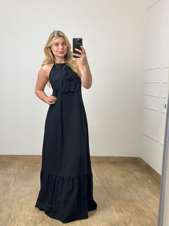 Vestido Longo Flor Preto