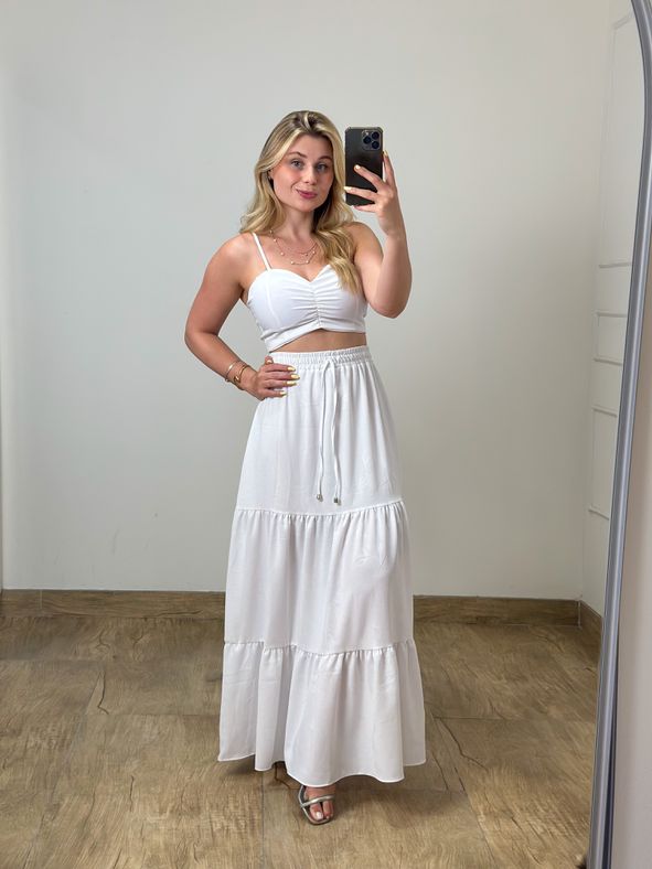 Conjunto Saia Longa e Cropped Branco