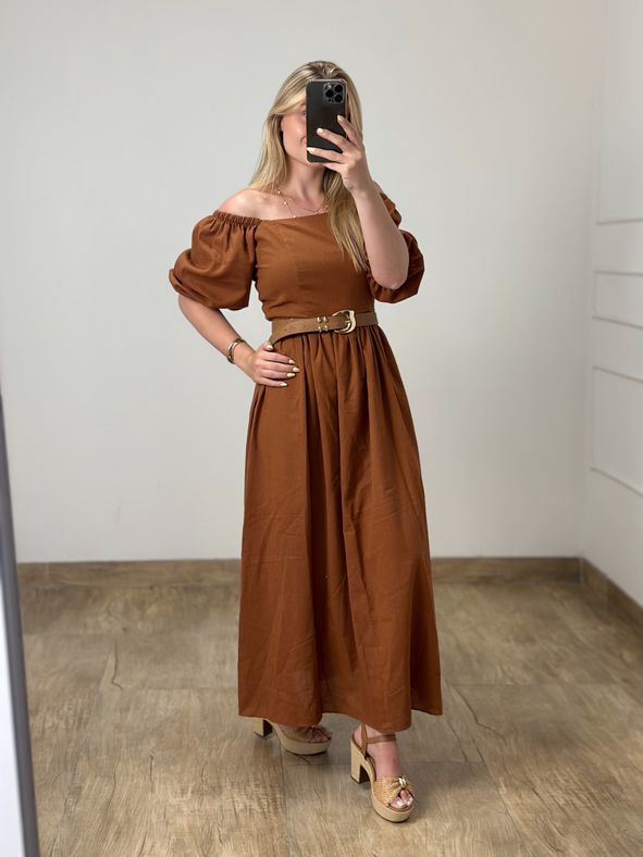 Vestido Linho Manga Marrom