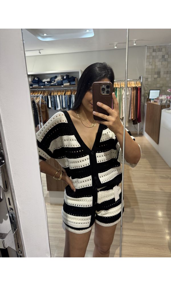 CONJUNTO LISTRAS PRETO E BRANCO MODAL - 64820 - Loja Damas