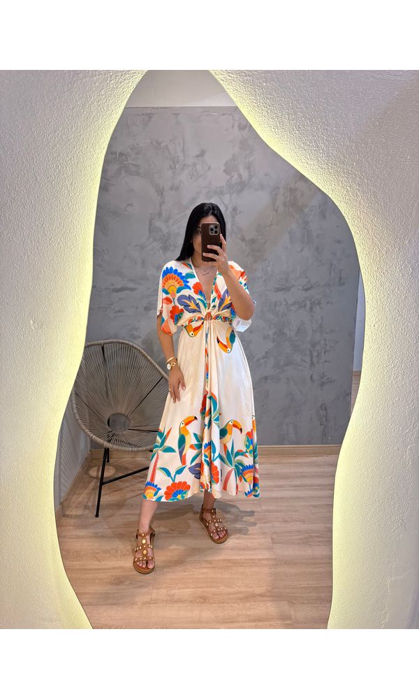 VESTIDO IZAAC ESTAMPADO COM FUNDO CLARO - 200220 - Loja Damas