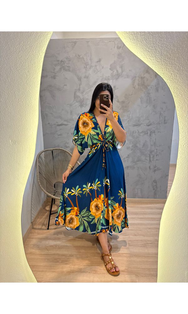 VESTIDO IZAAC ESTAMPADO FUNDO AZUL MARINHO - 41520 - Loja Damas