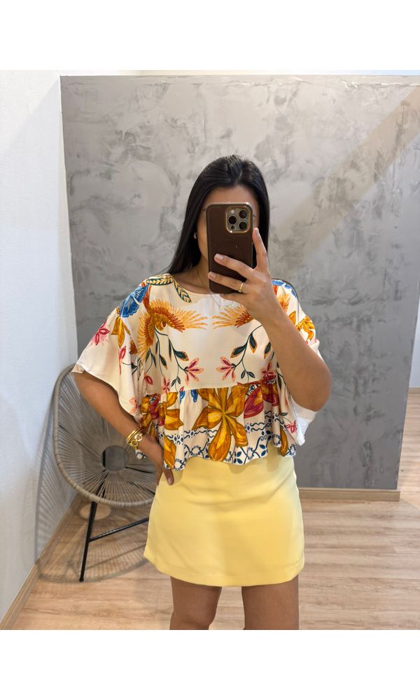 BATA CARLA ESTAMPADA VISCOSE COM BABADO NA MANGA F... - Loja Damas