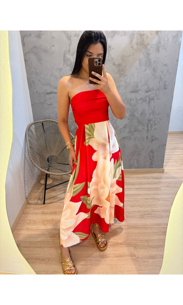 VESTIDO TOMARA QUE CAIA JARDIM VERMELHO - 20215 - Loja Damas