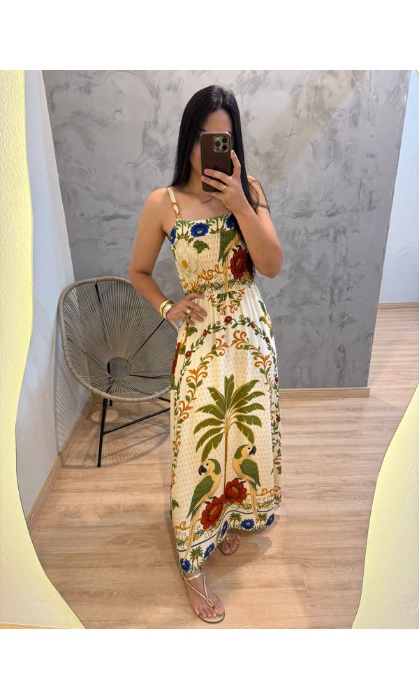 VESTIDO NIKOLY ALCINHA ESTAMPADO PALMEIRA VERDE -... - Loja Damas