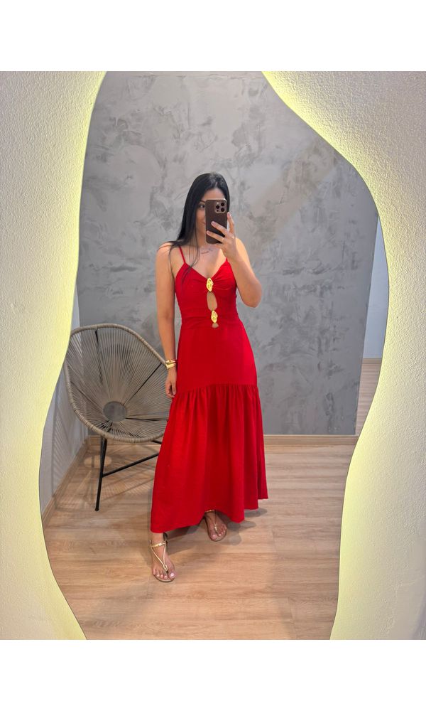 VESTIDO VERMELHO COM DETALHE MARTELADO - 95875 - Loja Damas