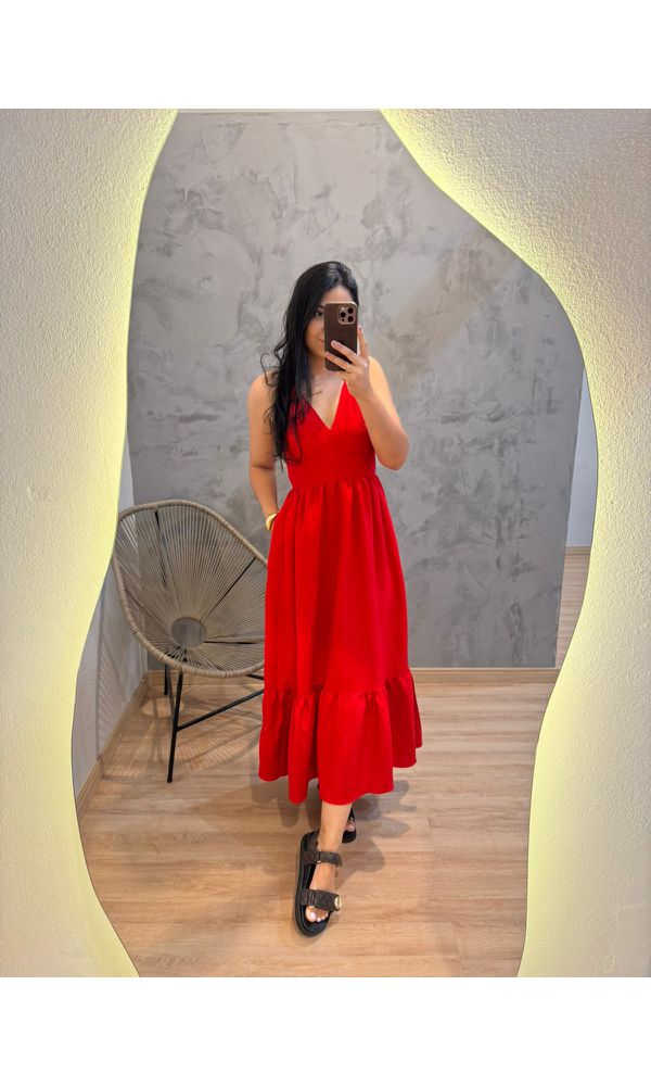 VESTIDO VERMELHO AMARRAÇÃO COM BOLSO - 88562 - Loja Damas