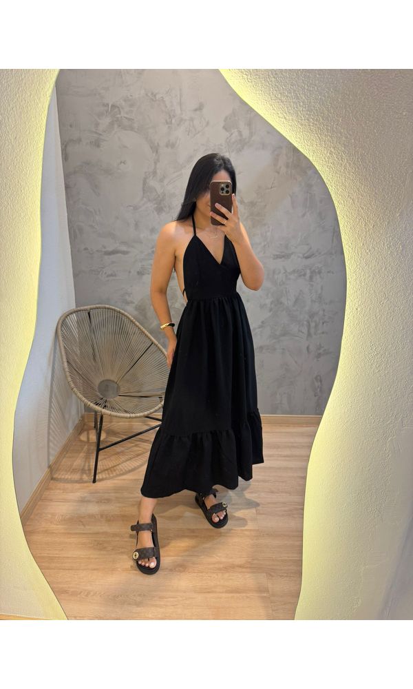 VESTIDO PRETO AMARRAÇÃO COM BOLSO - 85233 - Loja Damas