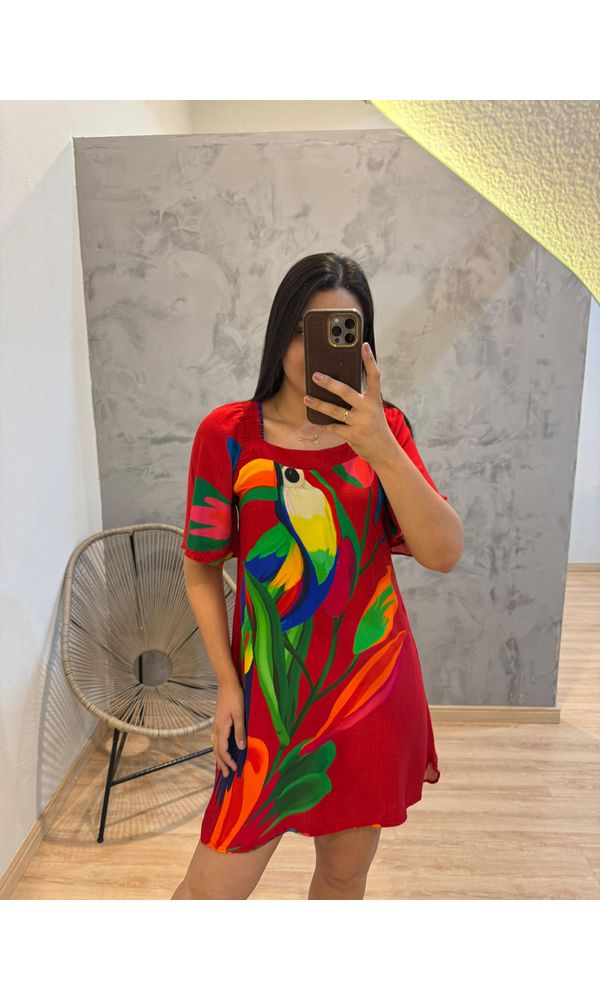 VESTIDO CURTO MANGUINHA ESTAMPADA FUNDO VERMELHO -... - Loja Damas