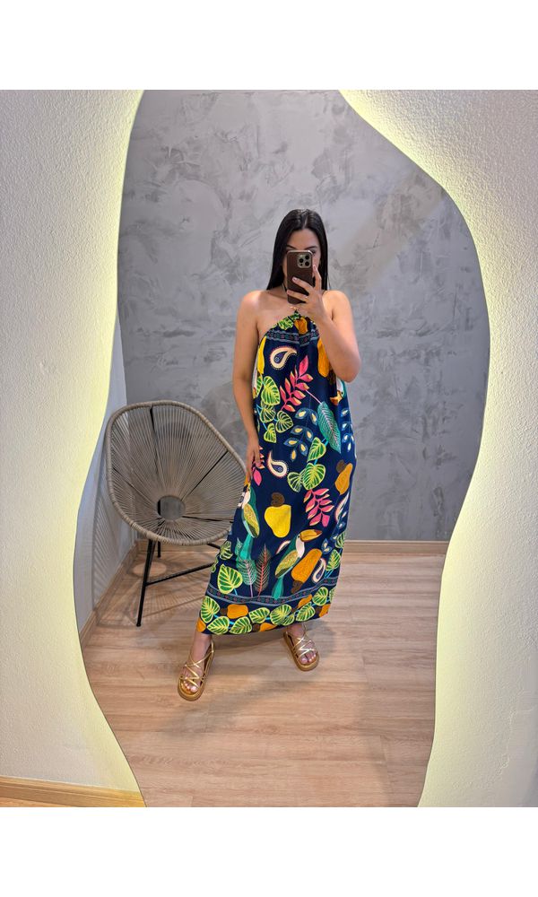 VESTIDO COSTAS ABERTAS MARIBU FUNDO AZUL MARINHO ... - Loja Damas