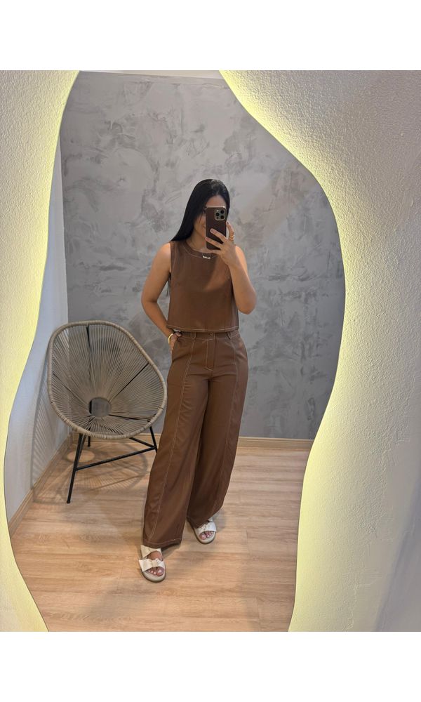 CONJUNTO CALÇA/CROPPED REGATA ROAD MARROM - 22558... - Loja Damas