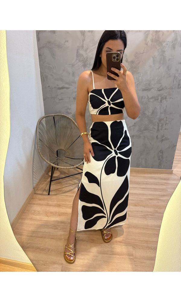 CONJUNTO SAIA/CROPPED FLOWER ROAD PRETO - 65823 - Loja Damas