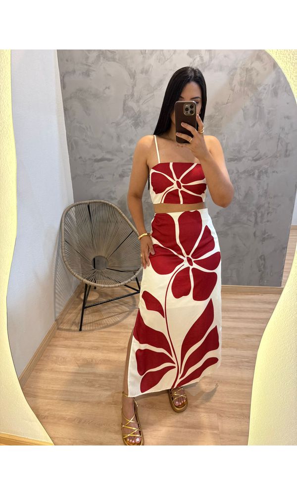 CONJUNTO SAIA/CROPPED FLOWER ROAD VERMELHO - 3325... - Loja Damas