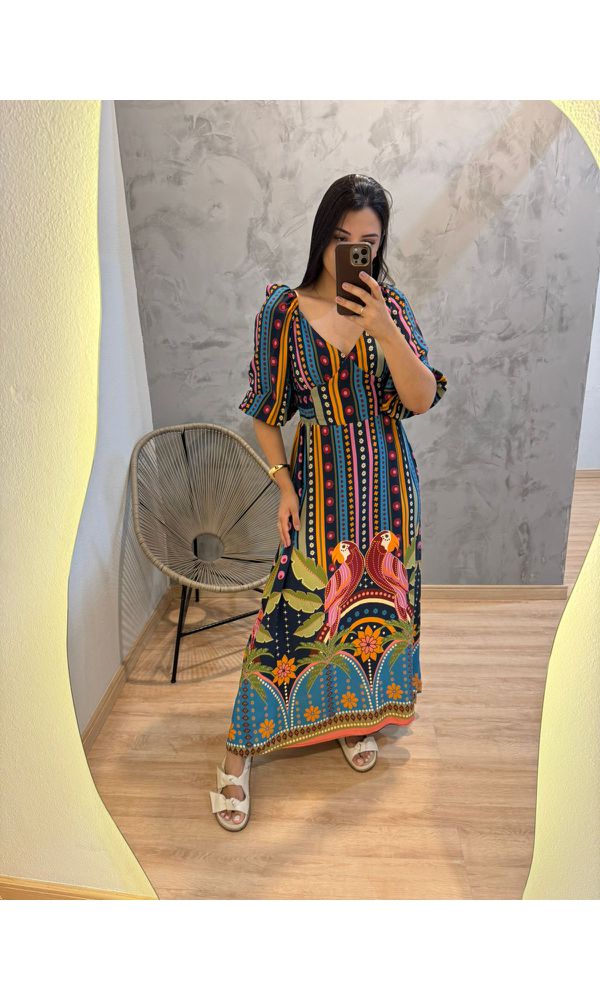 VESTIDO MARIBEL ESTAMPADO VISCOSE FUNDO AZUL - 856... - Loja Damas