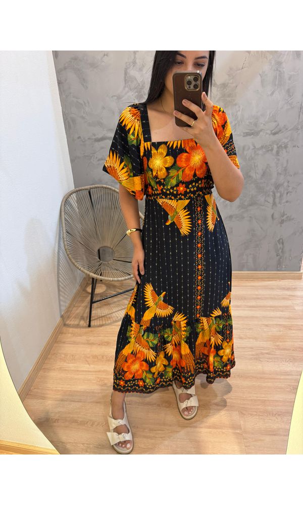 VESTIDO JARDIM ESTAMPADO FUNDO PRETO - 52452 - Loja Damas