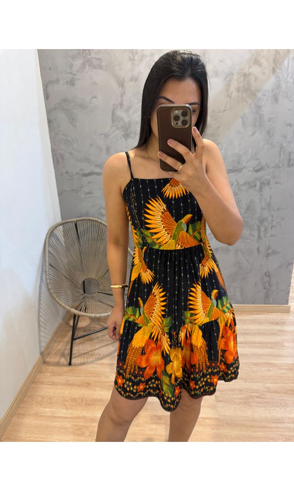 VESTIDO CURTO ALCINHA ESTAMPADO FUNDO PRETO - 8957 - Loja Damas