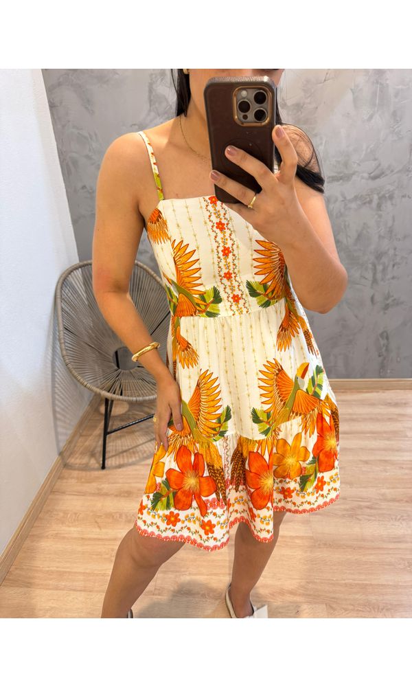 VESTIDO CURTO ALCINHA ESTAMPADO FUNDO CLARO - 8548 - Loja Damas