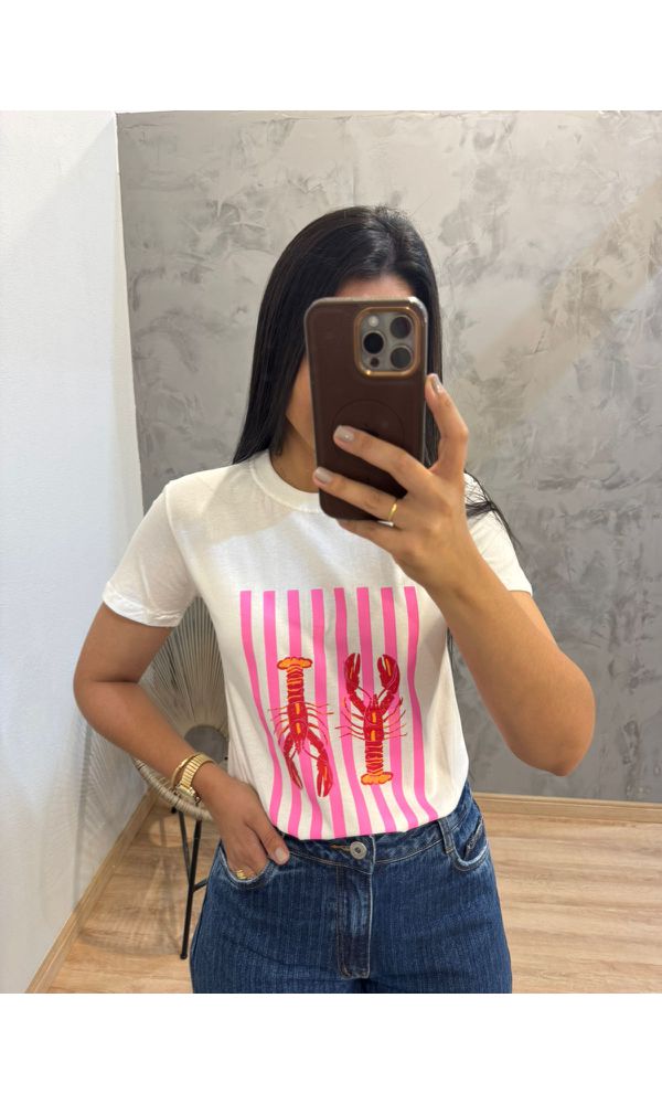 CAMISETA BASICA DE ALGODAO ESTAMPA LAGOSTA - 202 - Loja Damas