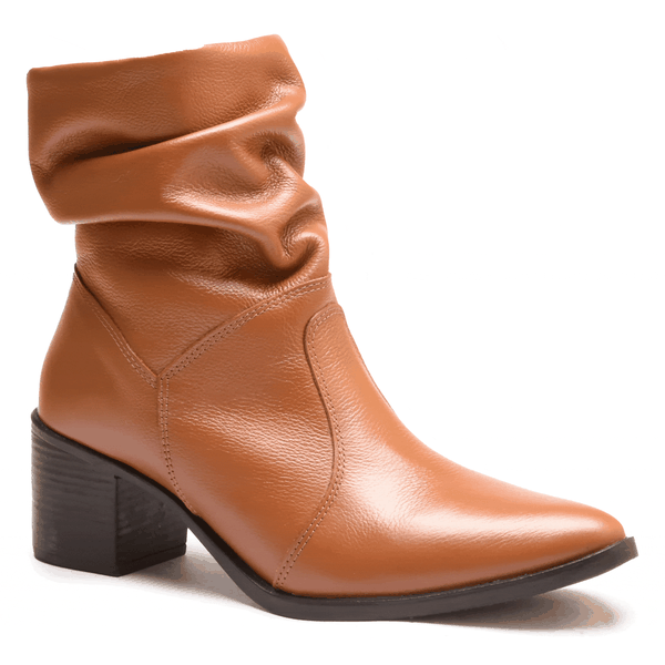 Bota Feminina Couro Cano Sanfonado Bico Fino Casual Whisky