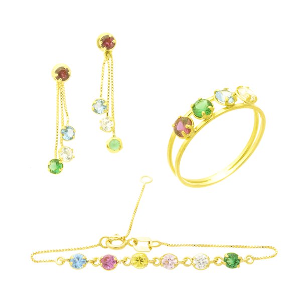 Conjunto Anel, Brinco e Pulseira infantil em Ouro 18K com Pedras Coloridas Conjunto Anel, Brinco e Pulseira infantil em Ouro 18K com Pedras Coloridas