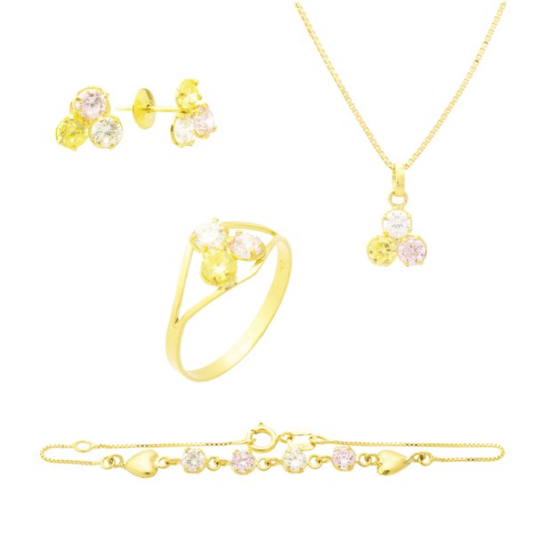 Conjunto Anel, Brinco, Corrente, Pingente e Pulseira infantil em Ouro 18K Três Marias Conjunto Anel, Brinco, Corrente, Pingente e Pulseira infantil em Ouro 18K Três Marias